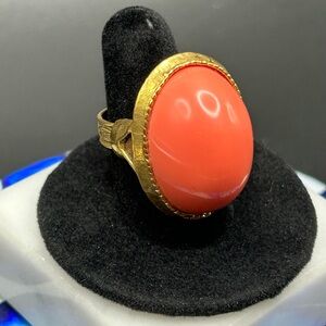 Fashion cocktail Ring Orange Cabochon Adjustable Size 6 7 8 9 gold tone #K21 Vtg